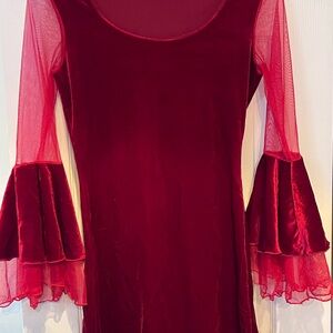 Women's Red Velvet & Mesh Bell-Sleeve Dress XS